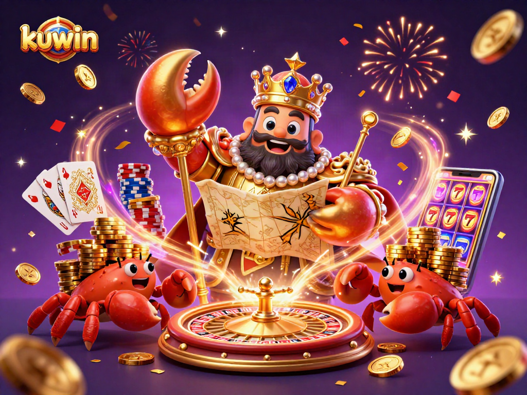 Kuwin gaming scene featuring a golden crab emperor, crowned with treasure and casino elements.