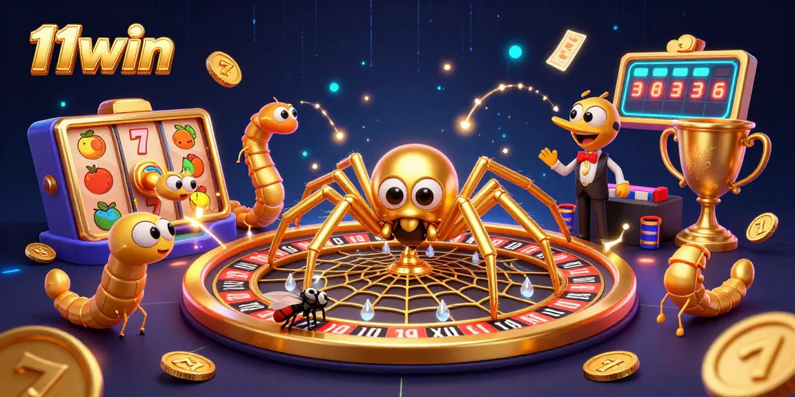 11win entices players with a 3D casino scene featuring a golden spider and lively slot elements.