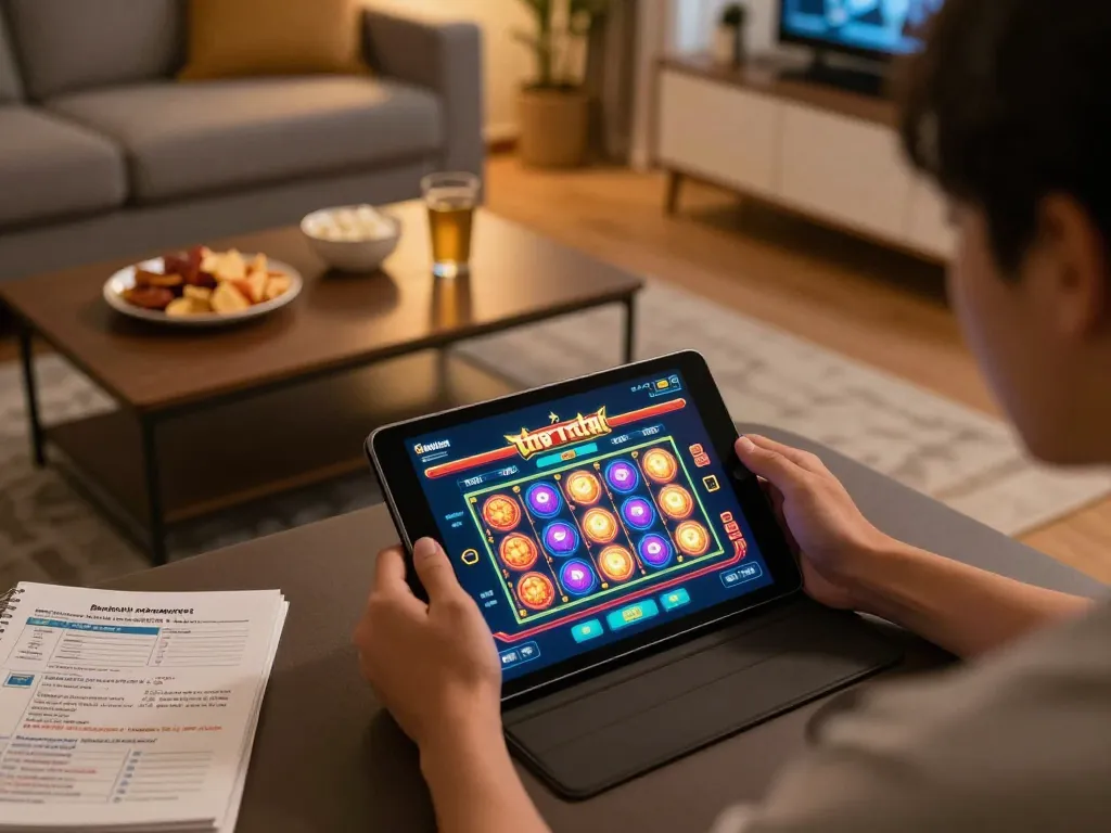Engaging in toto macau slot gameplay on a tablet in a cozy home gaming setup with focus on strategy.