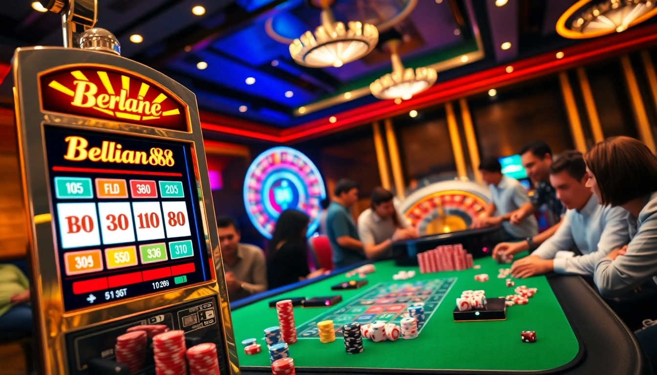 Berlian888 slot machine in a vibrant casino, surrounded by roulette, chips, and engaged players.