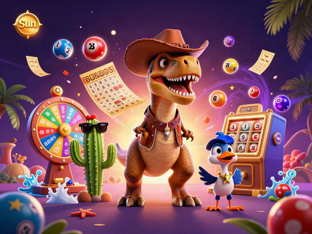 Engage in vibrant sun-themed lottery action with a dynamic 3D dinosaur and friends.