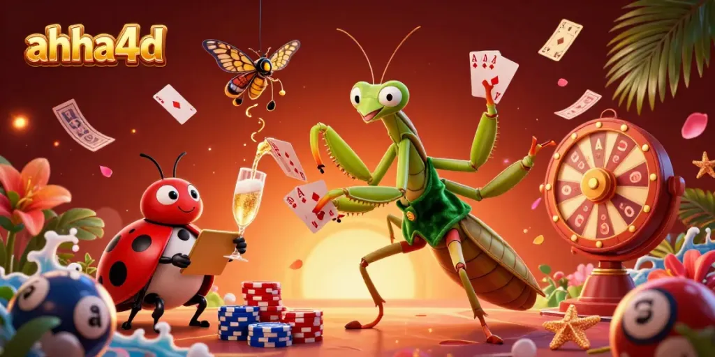 Experience thrilling action at ahha4d with a giant praying mantis dealer presenting lottery balls and prizes.