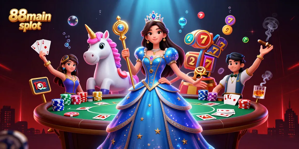 Rasakan slot 88main dengan wanita menawan, unicorn, dan elemen kasino yang berwarna-warni.