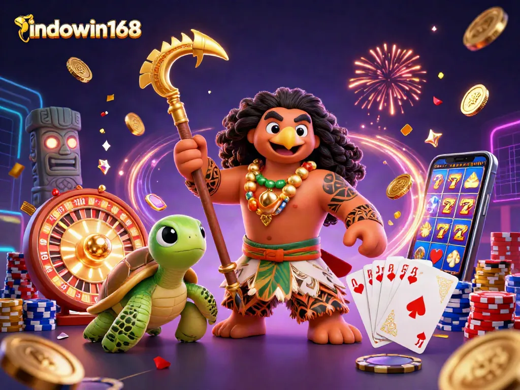 Engage with indowin168 as you spin the vibrant 3D roulette with treasures and lively characters.