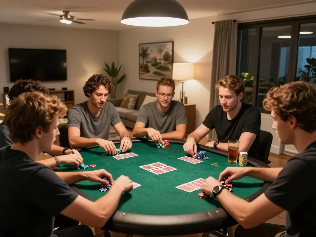 Friends enjoying a poker night at home while playing rikvip games with chips and cards on the table.