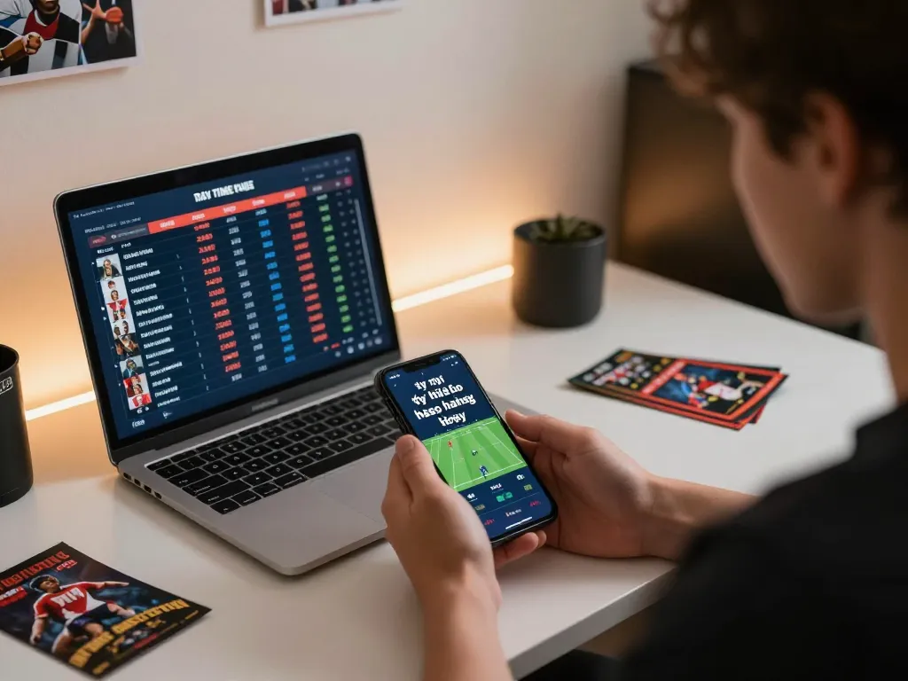 Engaging in tỷ lệ kèo nhà cái hôm nay while sports betting on smartphone and laptop.