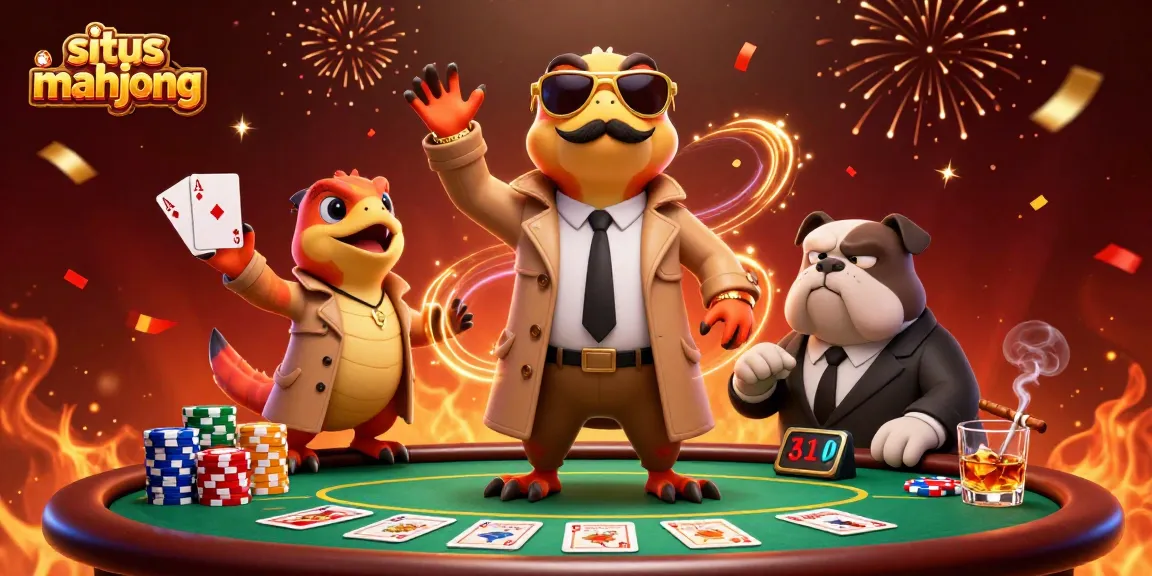 Engage in situs mahjong thrilling games at a vibrant casino illustrated with playful raptors in a trench coat.
