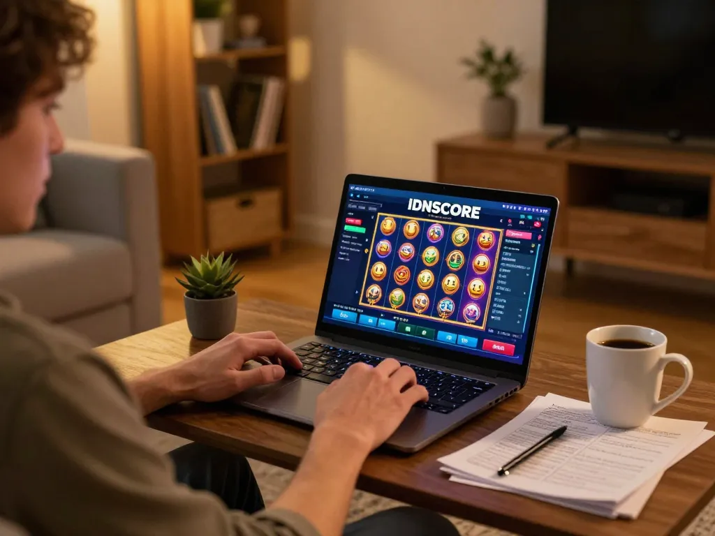 IDNSCORE online gaming interface on a laptop, illustrating a player's strategic engagement with vibrant visuals.