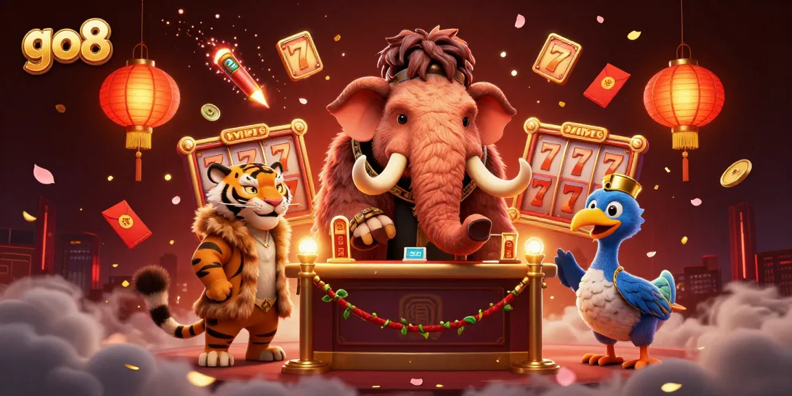 Play exciting slot games at GO8 with vibrant characters and casino elements coming alive in a dazzling scene.