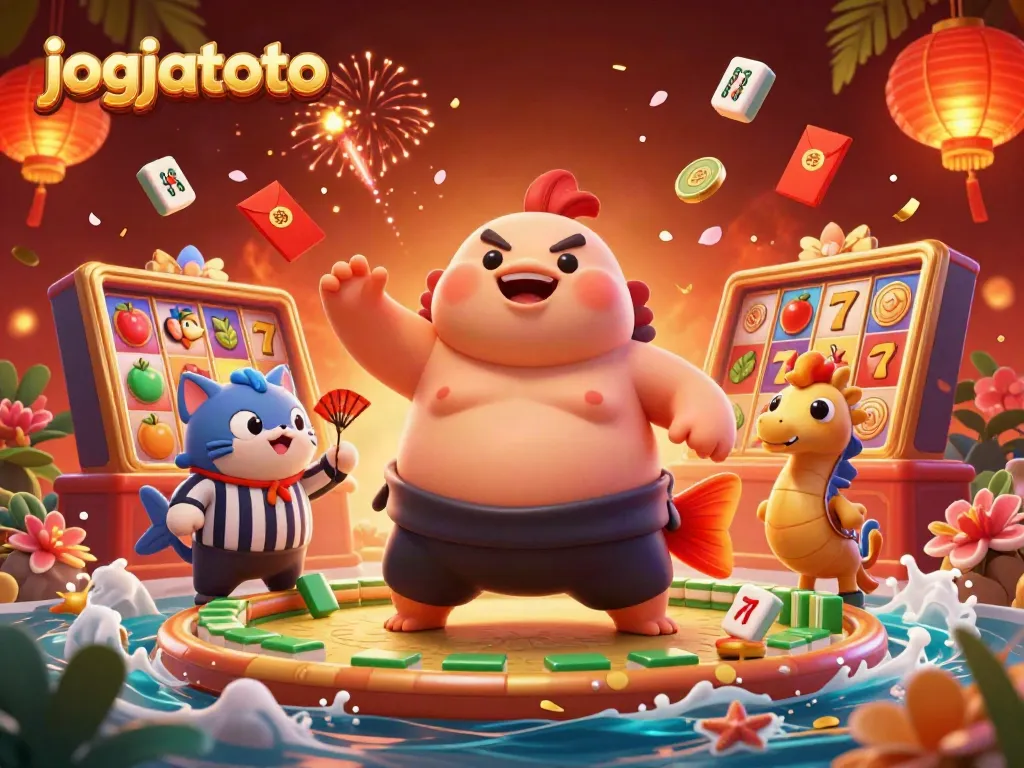 Experience the excitement of jogjatoto with this dynamic 3D illustration featuring a fugu in a casino setting.
