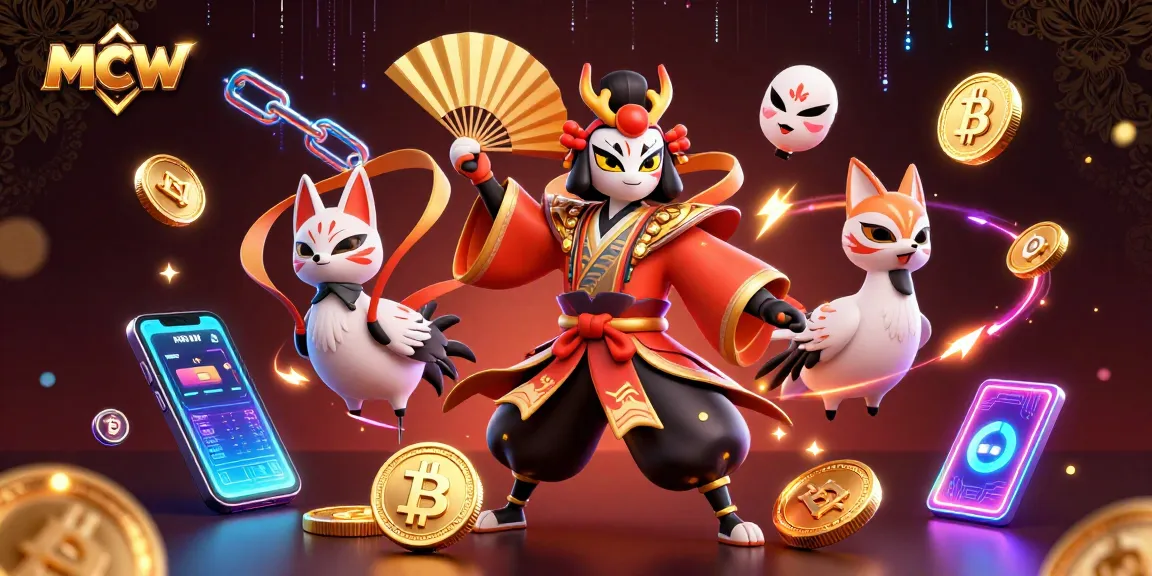 Experience thrilling gaming action with MCW, featuring a kabuki crane warrior and crypto elements.