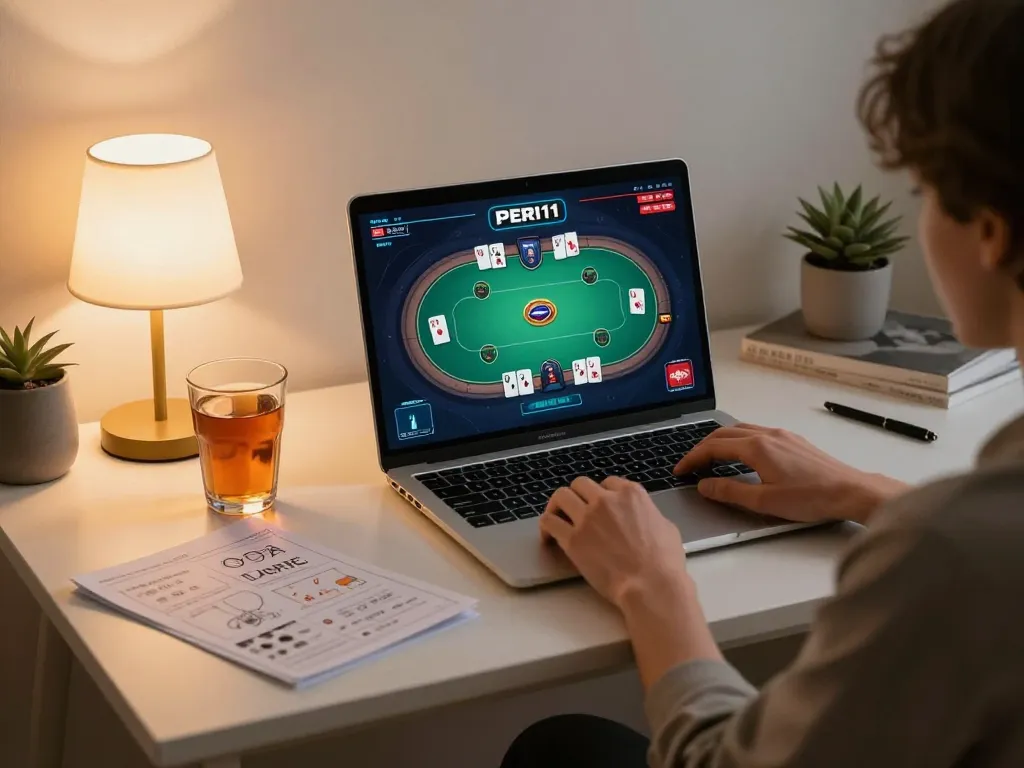 Engaging in online PERI11 poker gaming from a comfortable home setup with strategic notes.