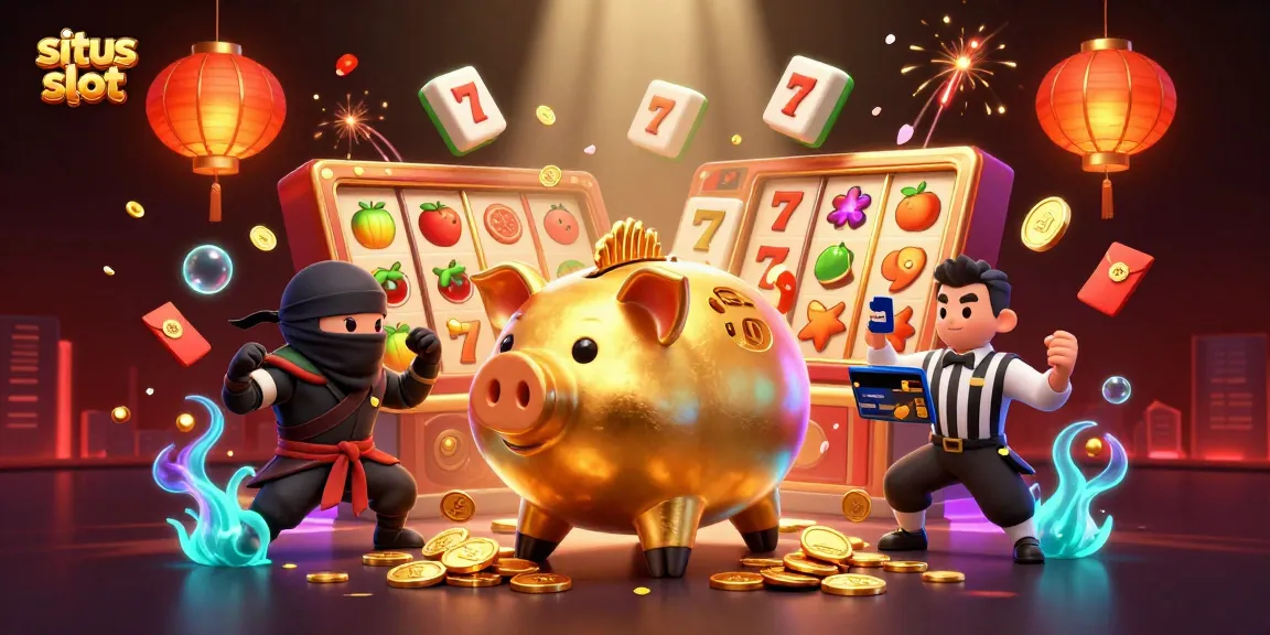 Gambarkan situs slot dengan tema kasino yang berisi piggy bank emas, ninja, dan samurai di tengah suasana meriah.