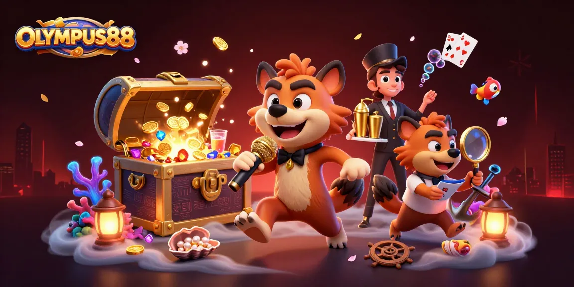 OLYMPUS88 menampilkan kasino dengan hyena lucu, tiket berkilau, dan harta karun di sekitar untuk meningkatkan pengalaman.