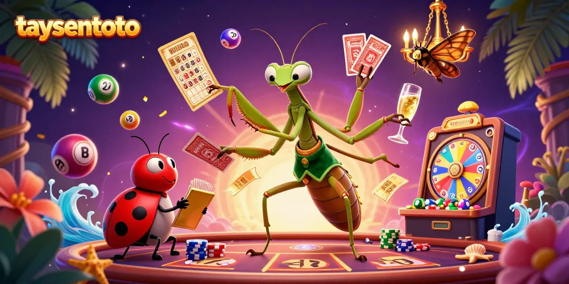 Experience exciting gameplay with taysentoto, featuring a giant mantis dealer and colorful casino elements.