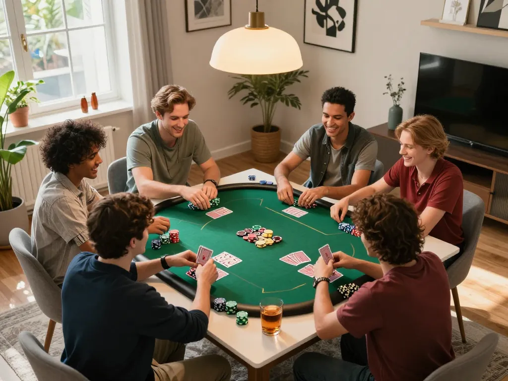 Wala88 players enjoying an engaging poker night with chips, cards, and drinks, capturing the thrill of strategy.