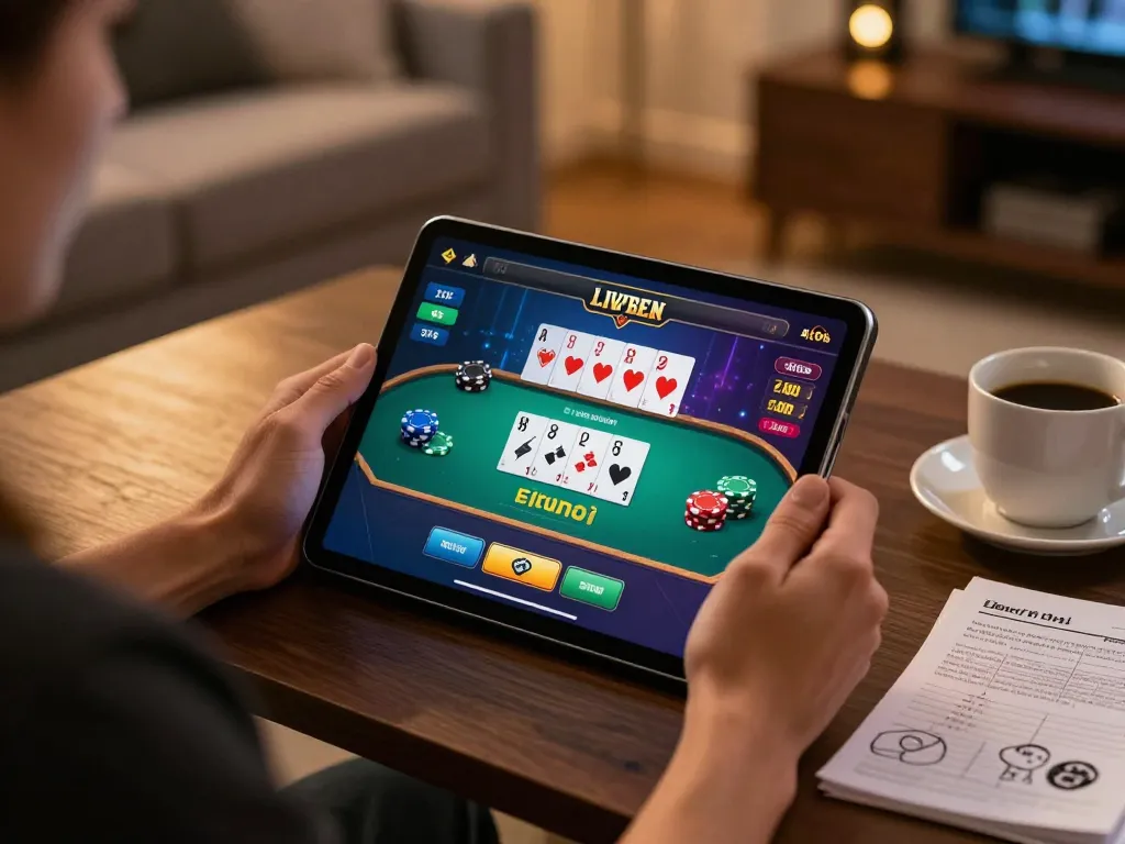 Person engaged in live casino gaming on ledaonline tablet with poker cards and chips visible.