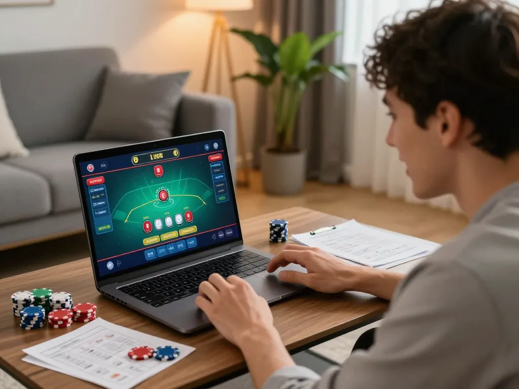 lc88 player engaged in online baccarat gameplay with chips and strategy notes