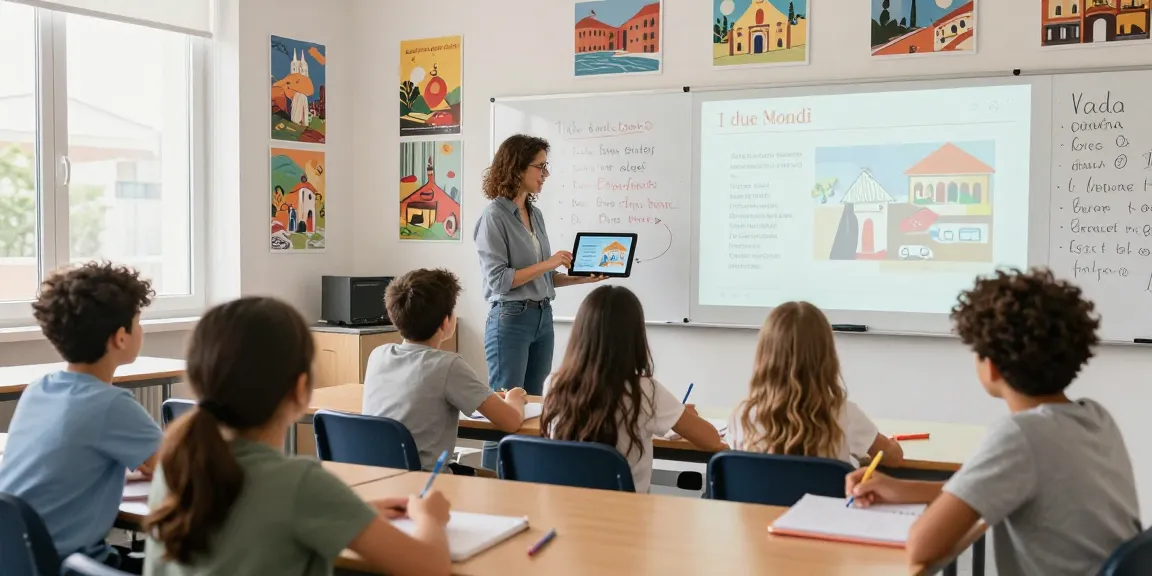 Toto togel themed classroom scene showcasing Italian storytelling with students engaged in learning activities.