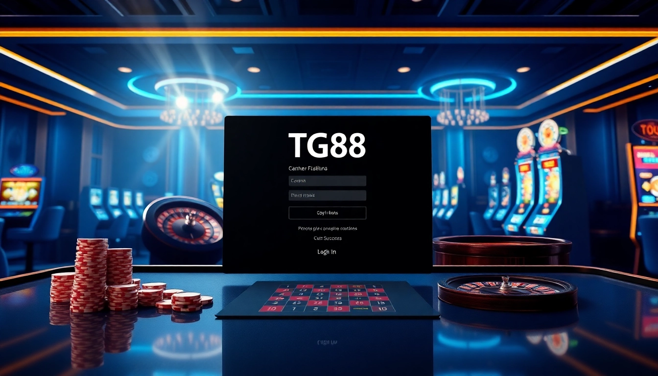 Exciting scene depicting TG88 đăng nhập, showcasing a luxurious casino interface with poker chips and slot machines.