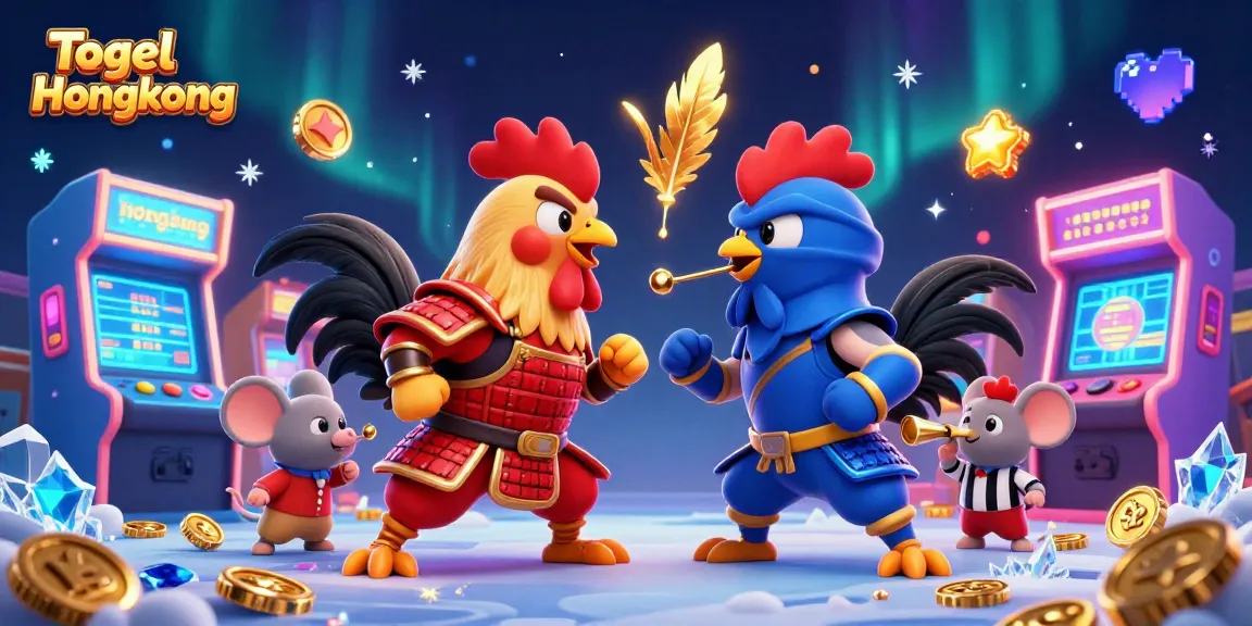 Engage with Togel Hongkong through this vibrant 3D illustration of a dramatic rooster standoff.