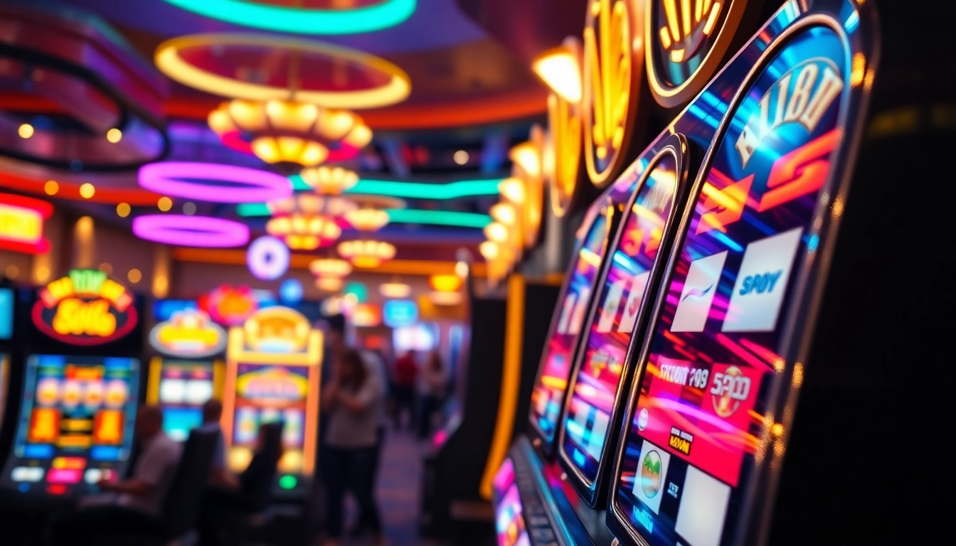 Slot machines menarik perhatian di kasino, menunjukkan kebahagiaan dan ketegangan pemain.