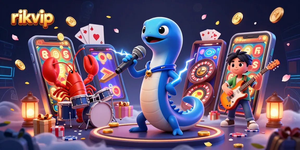 rikvip captures underwater casino magic with vibrant characters, slot games, and glowing effects.