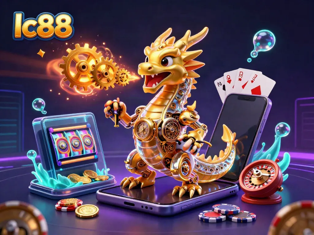 Engage in thrilling gameplay at lc88 casino, featuring a golden dragon and vibrant slot game elements.