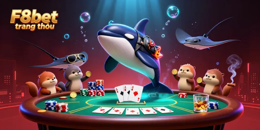 Experience fun with F8bet trang chủ featuring vibrant sea creatures and casino elements in a lively scene.