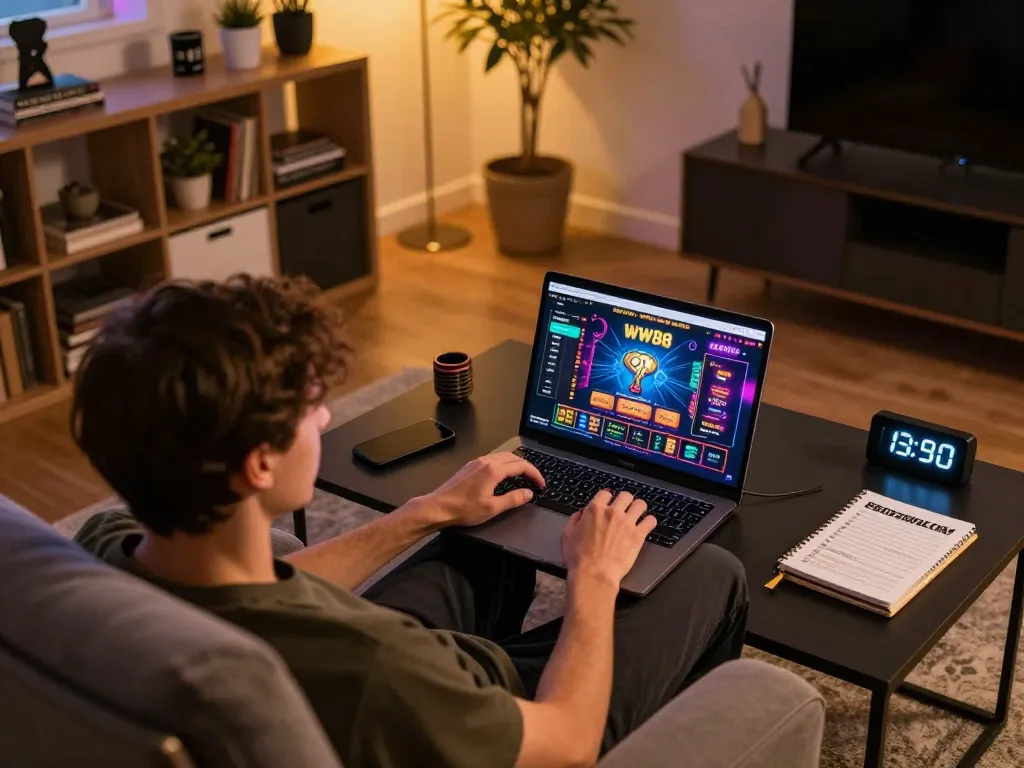 Engaging in advanced WW88 online casino gaming from the comfort of home using a laptop.