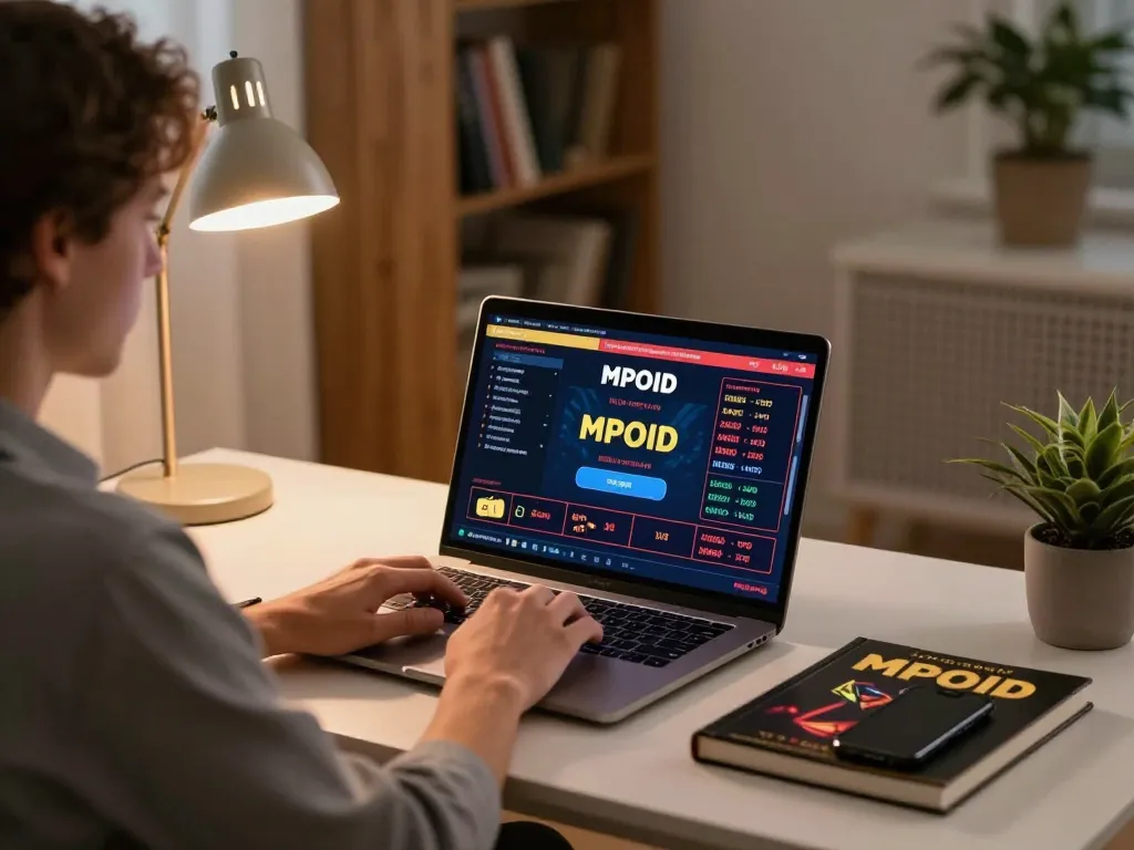 MPOID online casino gameplay on a laptop, showcasing a strategic approach to gaming in a cozy home office.