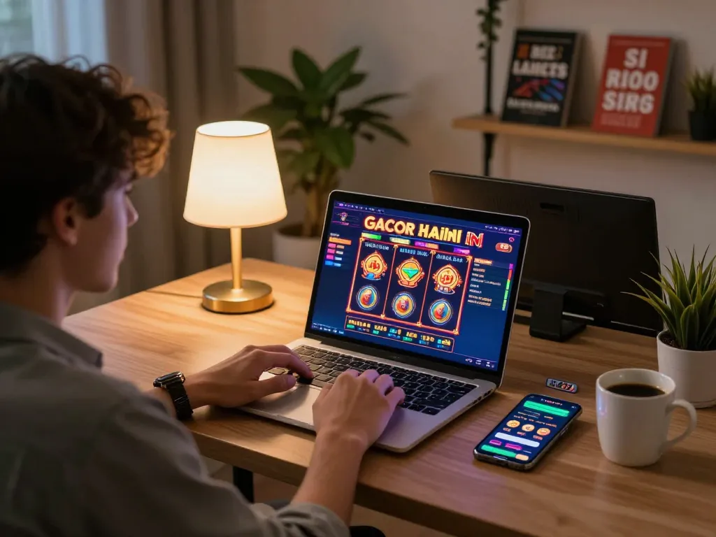 Engaging online gaming setup showcasing slot gacor hari ini with a player analyzing the game on a laptop.