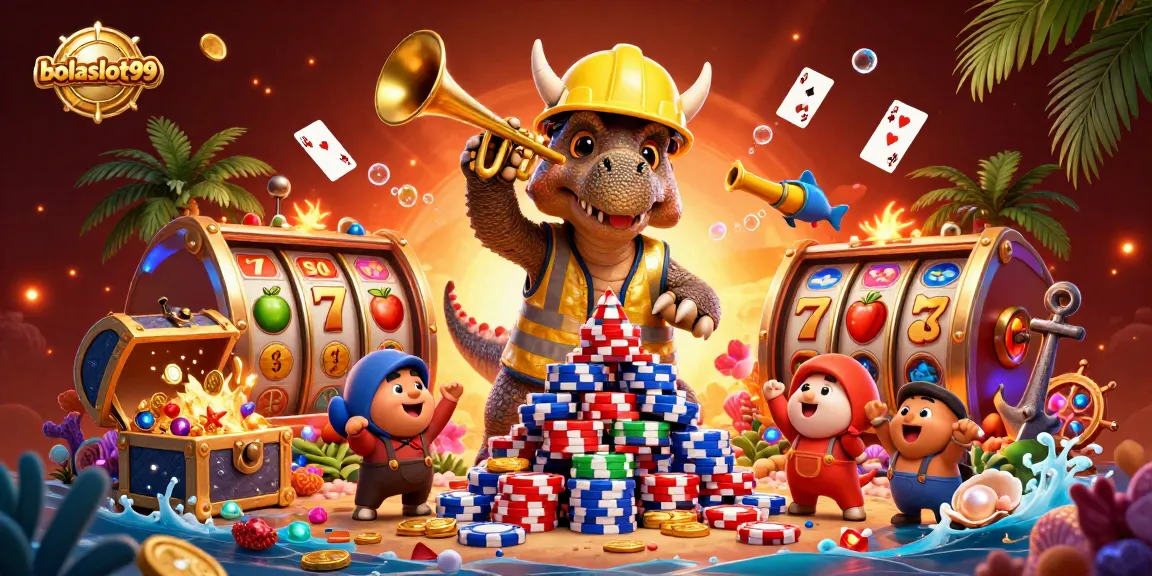 Bolaslot99 engaging players with a vibrant casino scene featuring slot elements and happy characters.