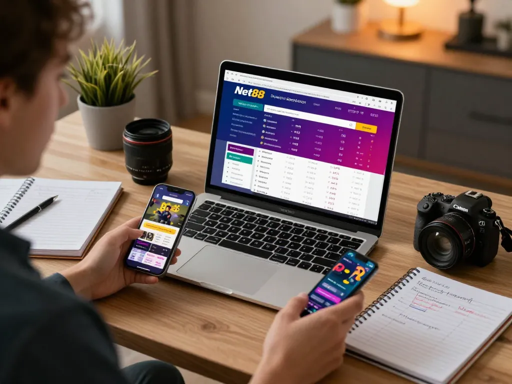 Engaging in sports betting on Net88 with laptop and smartphone displaying live odds.
