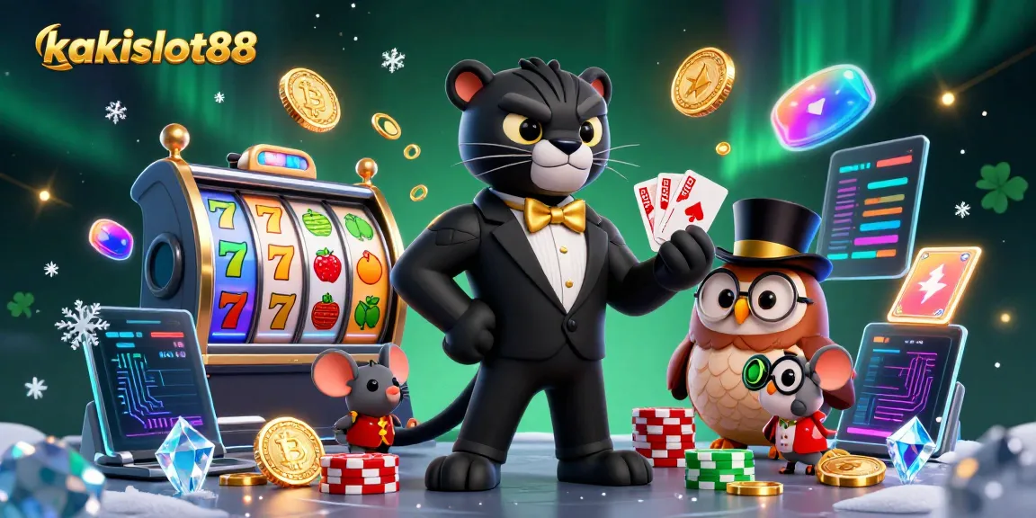 Kakislot88, seekor panther berjas tuxedo sedang bermain kartu, dikelilingi elemen judi yang menarik.