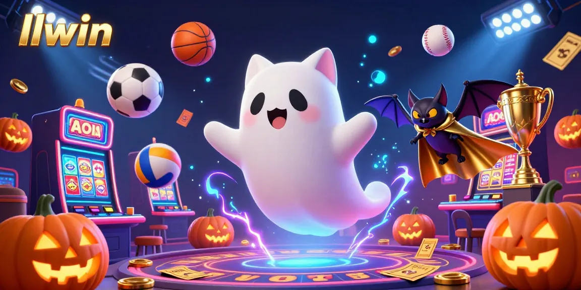 Play exciting games at llwin with a vibrant casino-themed illustration featuring a ghost cat, vampire bat, and glowing jack-o-lanterns.