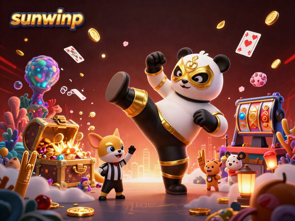 Experience thrilling gameplay at sunwinp featuring an energetic wrestling scene with panda, treasures, and casino elements