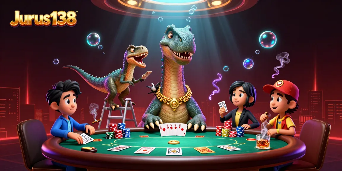 Deal poker hands at Jurus138, with a towering brontosaurus and clever raptor in dynamic casino scene.