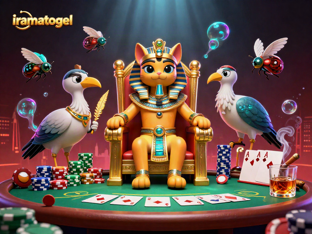 Gambarlah iramatogel dengan karakter kucing firaun dan elemen poker yang ceria.