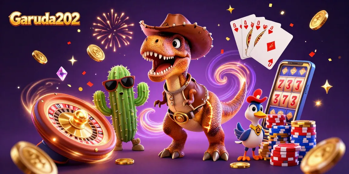 Experience Garuda202's dynamic online gaming with vibrant characters and sparkling casino elements.