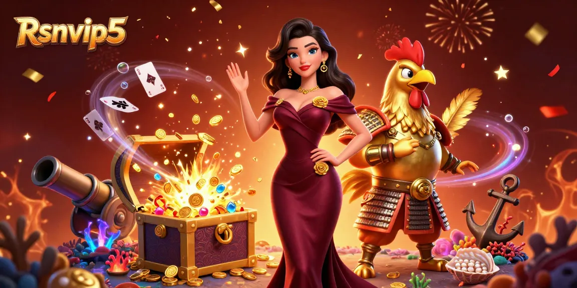 Rasakan aksi kasino yang mendebarkan dengan ilustrasi 3D berwarna-warni dari Rsnvip5 tentang permainan dan harta karun yang mengasyikkan.