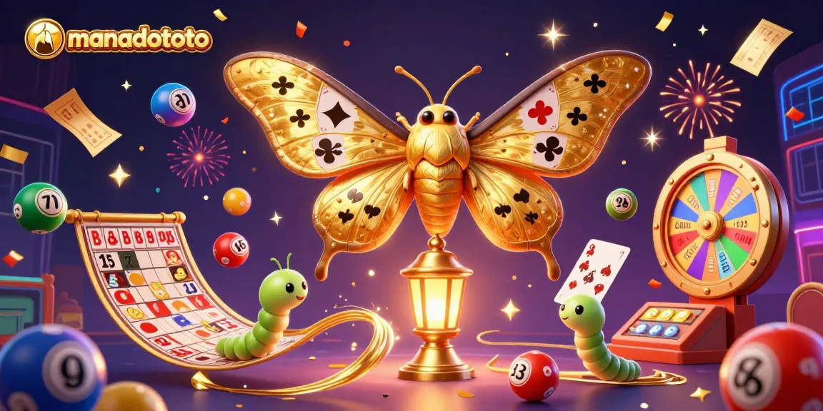 Experience the thrill of manadototo with a vibrant casino scene featuring a golden atlas moth and colorful lottery elements.
