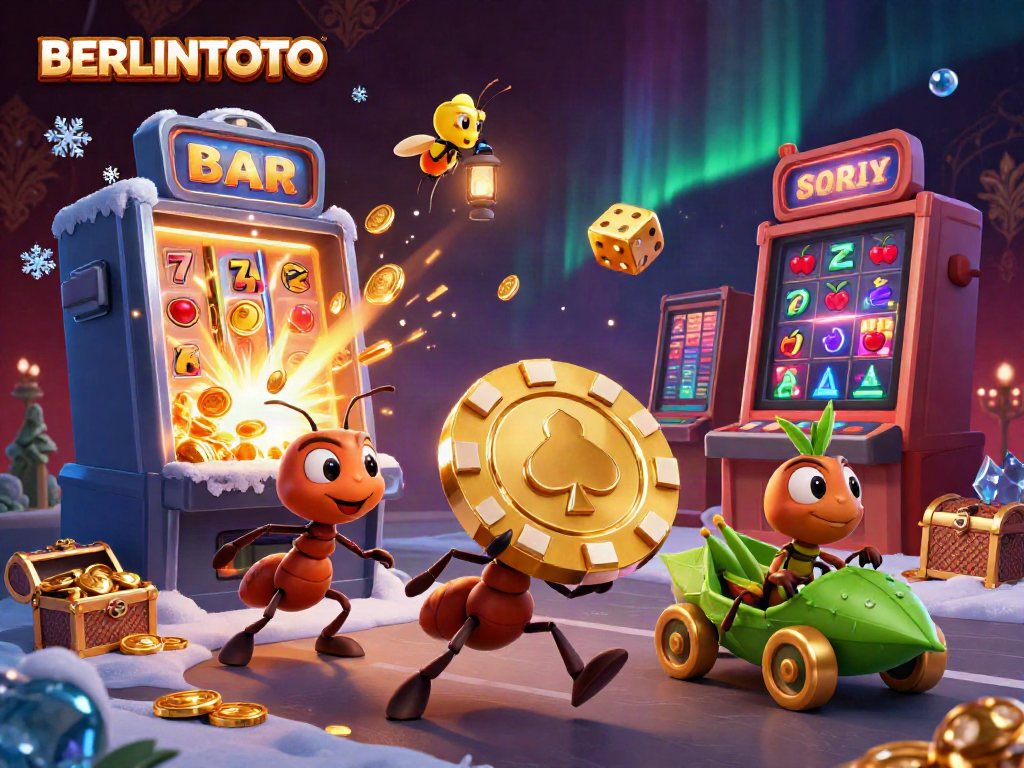 Engage with BERLINTOTO as ants carry a giant poker chip through a vibrant casino adventure scene.
