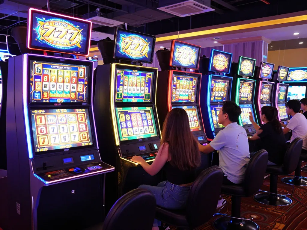 SLOT GACOR 777 players celebrating wins at vibrant slot machines in a lively casino.