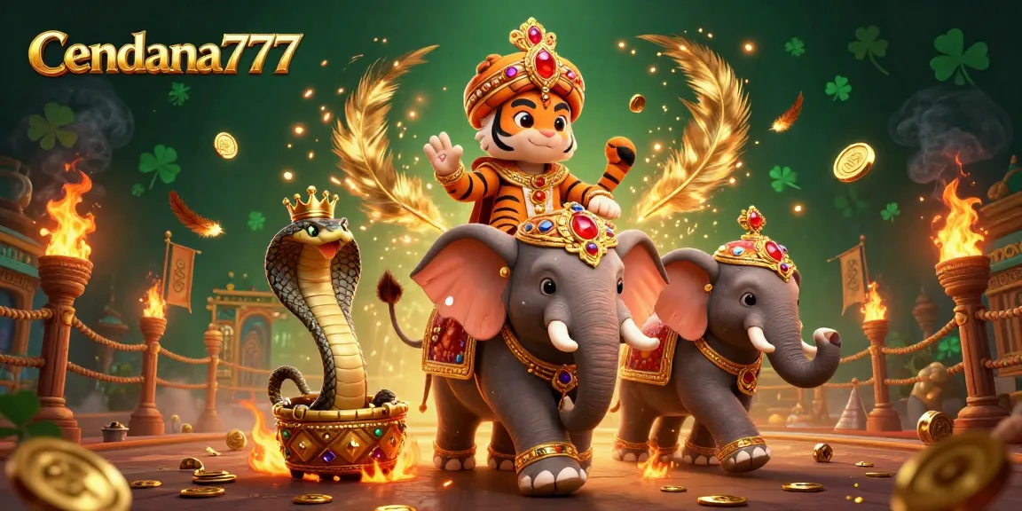 Cendana777 offers thrilling gaming with a majestic tiger, ornate elephant, and cobra in a vibrant, dynamic casino scene.