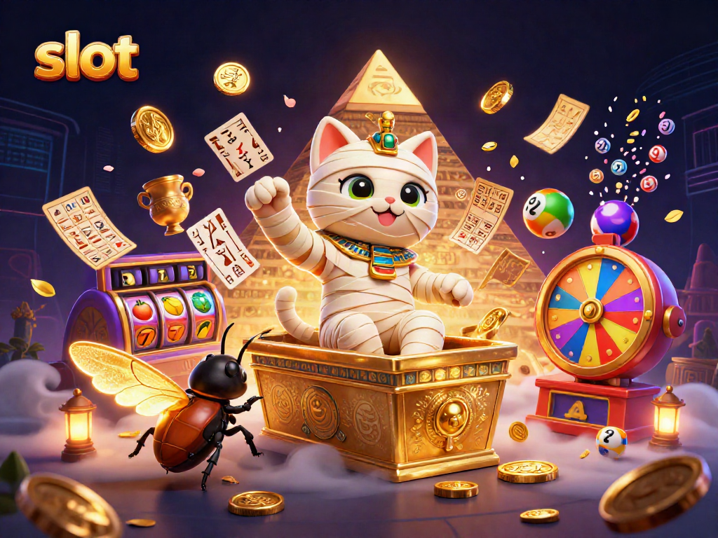 Slot permainan menarik dengan karakter kucing Mumi dan simbol perjudian, memikat para pemain.