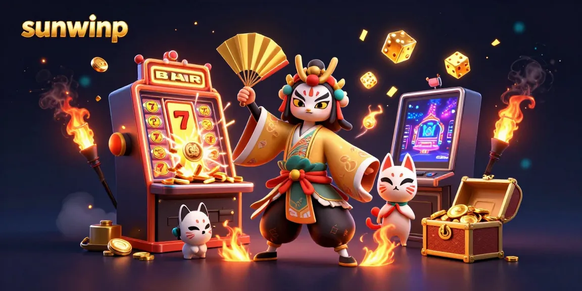 Experience thrilling wins with sunwinp's vibrant casino imagery featuring a cartoon kabuki warrior and slot machine.
