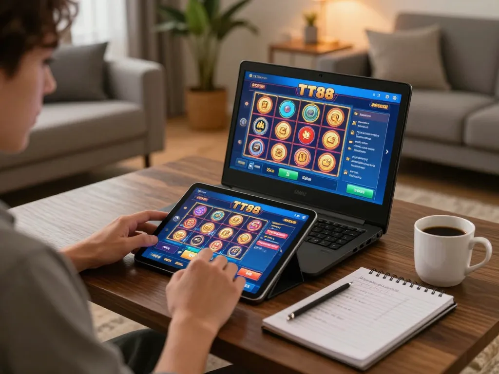 Player engaging with TT88 slot game on tablet in a cozy home environment, emphasizing strategic gambling.