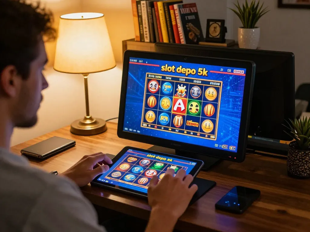 Playing slot depo 5k on a tablet with colorful graphics in a cozy home gaming setup