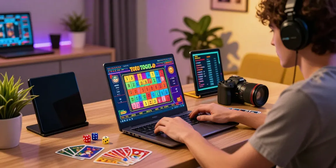 Pengguna bermain buntogel di laptop dengan grafik warna-warni di sekitar, menciptakan suasana gaming yang menyenangkan.